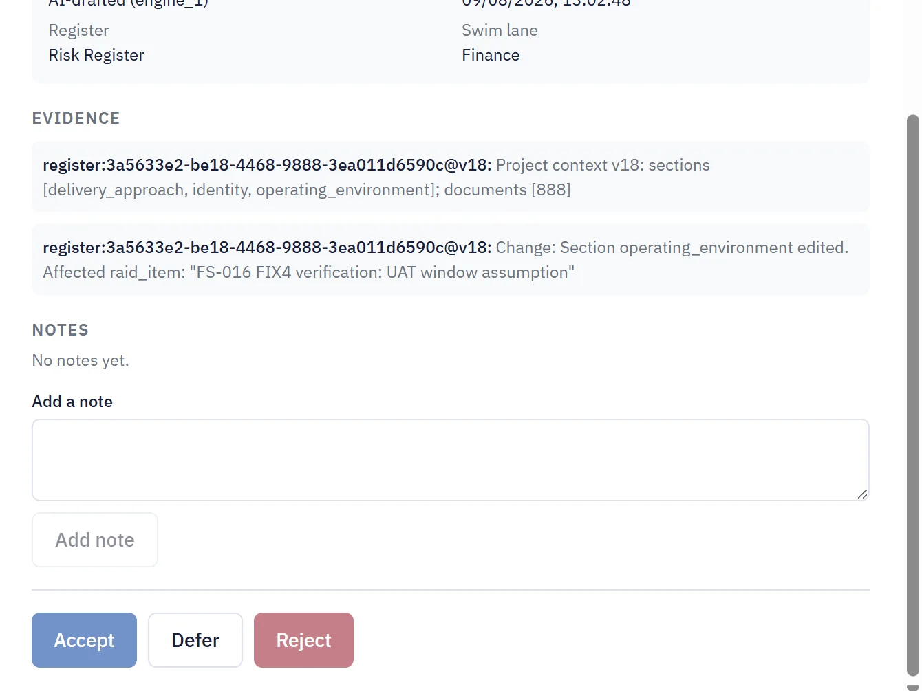 The same risk card scrolled to its decision controls: Accept, Defer and Reject buttons beneath the evidence and notes